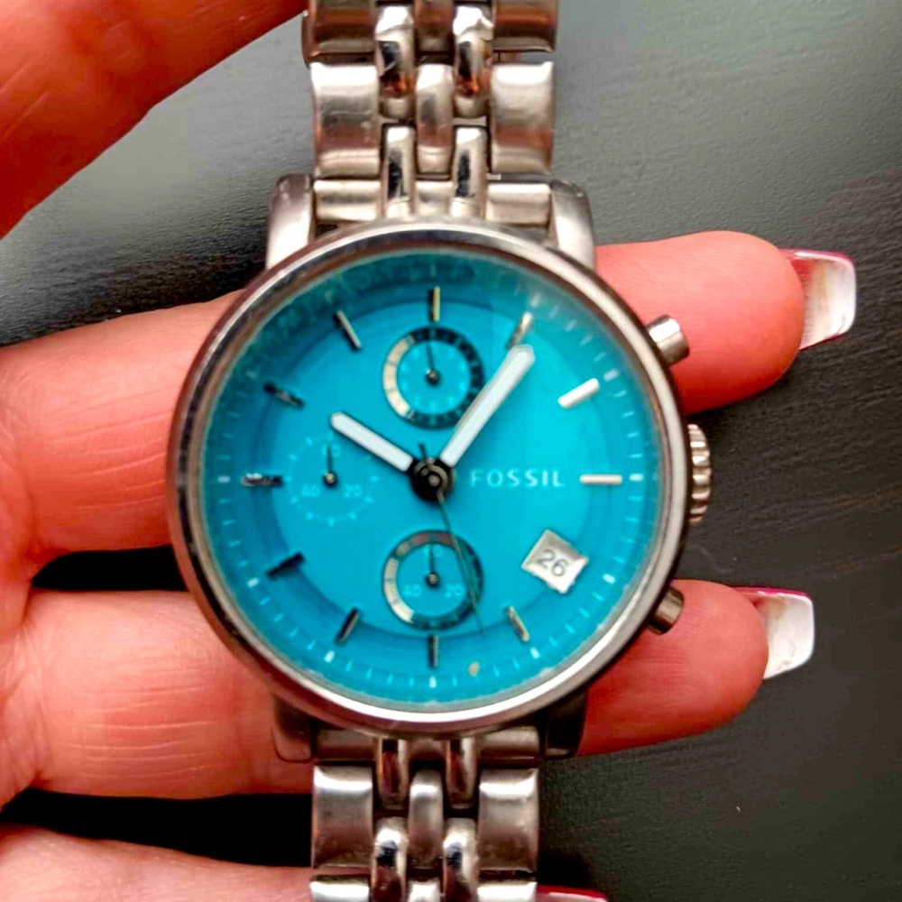 Fossil Riley Multi-Function Aqua Dial Stainless Steel Ladies Watch.
